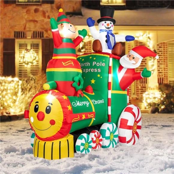 6ft Height Christmas Inflatable Santa Claus on The Train with Elf and Snowman
